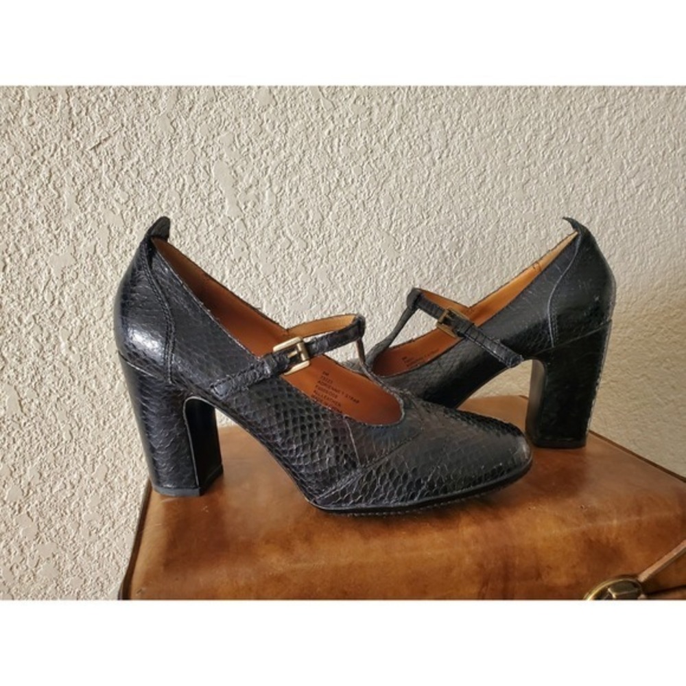 Frye Black Leather High Heels Adrienne T Strap Snakeskin Mary Jane Pumps Size 8
